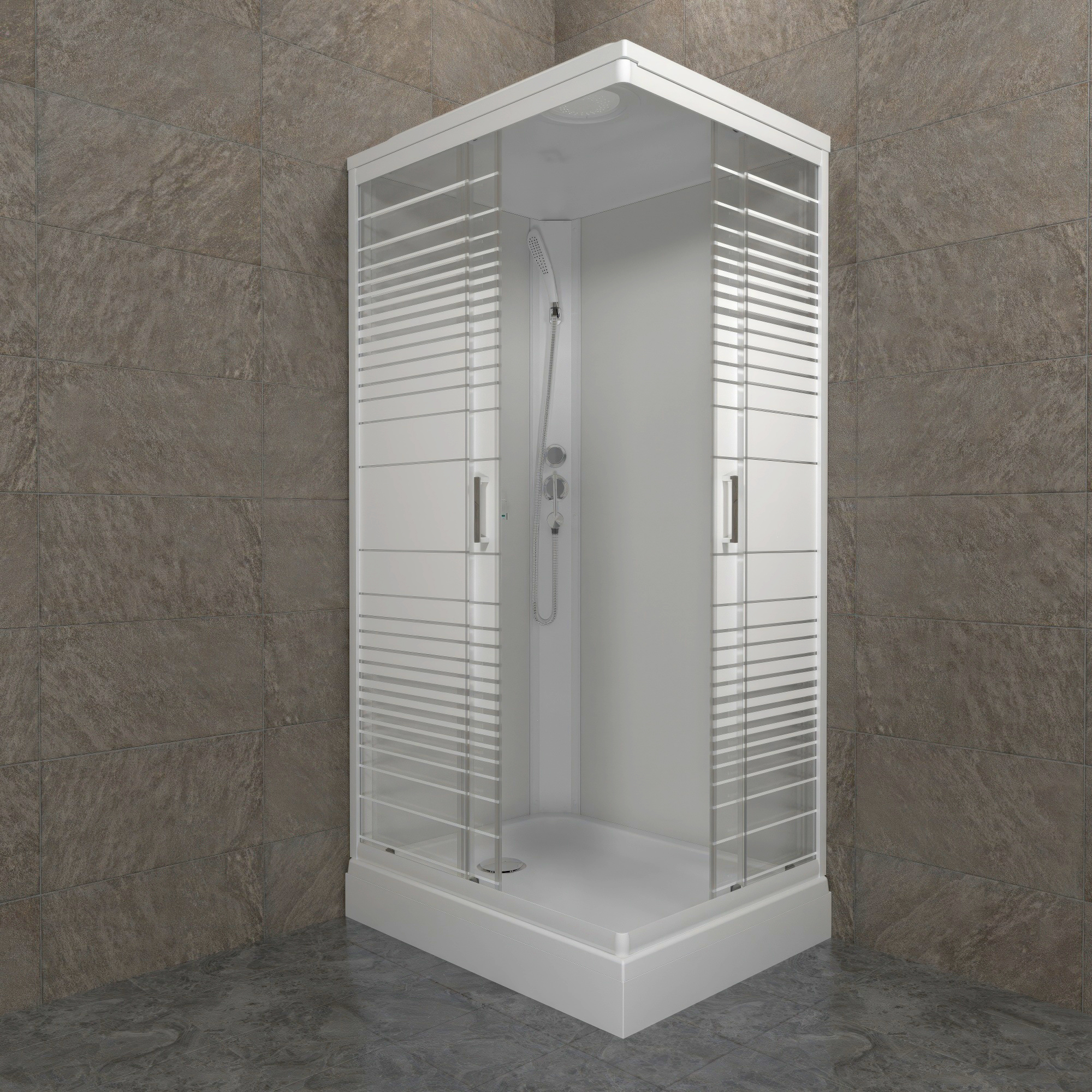 Кабина душевая 120*80*228 Квадро NEW А поддон прямоугольный низкий белый, стекло Полосы, (8уп)