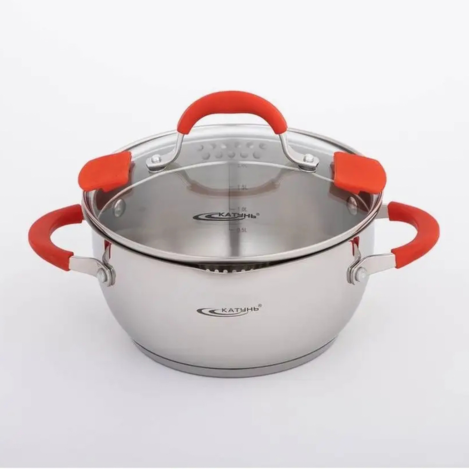 Кастрюля нерж. "Катунь" "Аврора" 3,0л d20см термораспред. дно, Стекл.кр., силик.руч. КТ07-D-20 *1/4