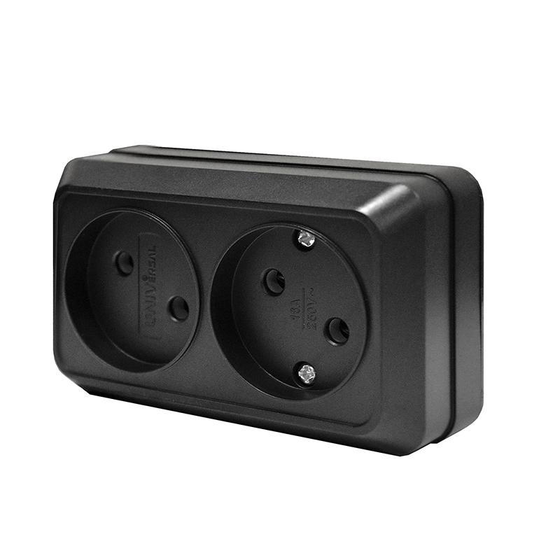 Розетка "Олимп" ОП 2-мест. черный б/з 16А IP20 UNIVersal 2215 *10/200