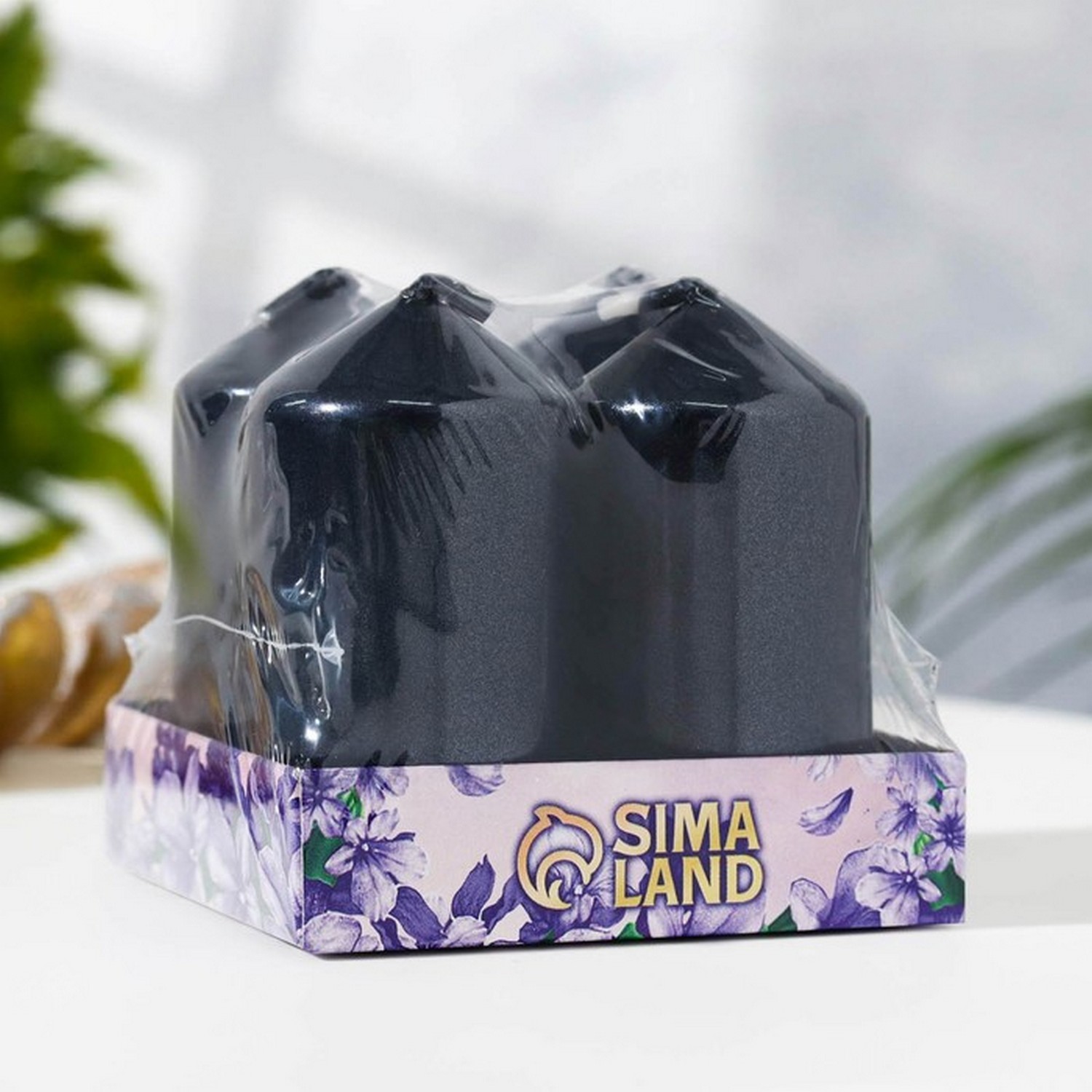 Свеча Столбик 1 шт, чёрный металлик 7х3,8см фасовка по 4 шт   4428294