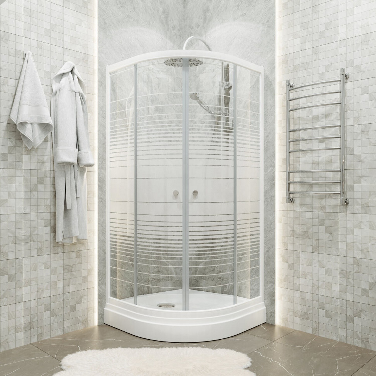 Душевой уголок 90*90*191 А1 "Стандарт"АКВА - ПОЛОСЫ,полукруг, низ. поддон (3 места+сифон D90мм)*1