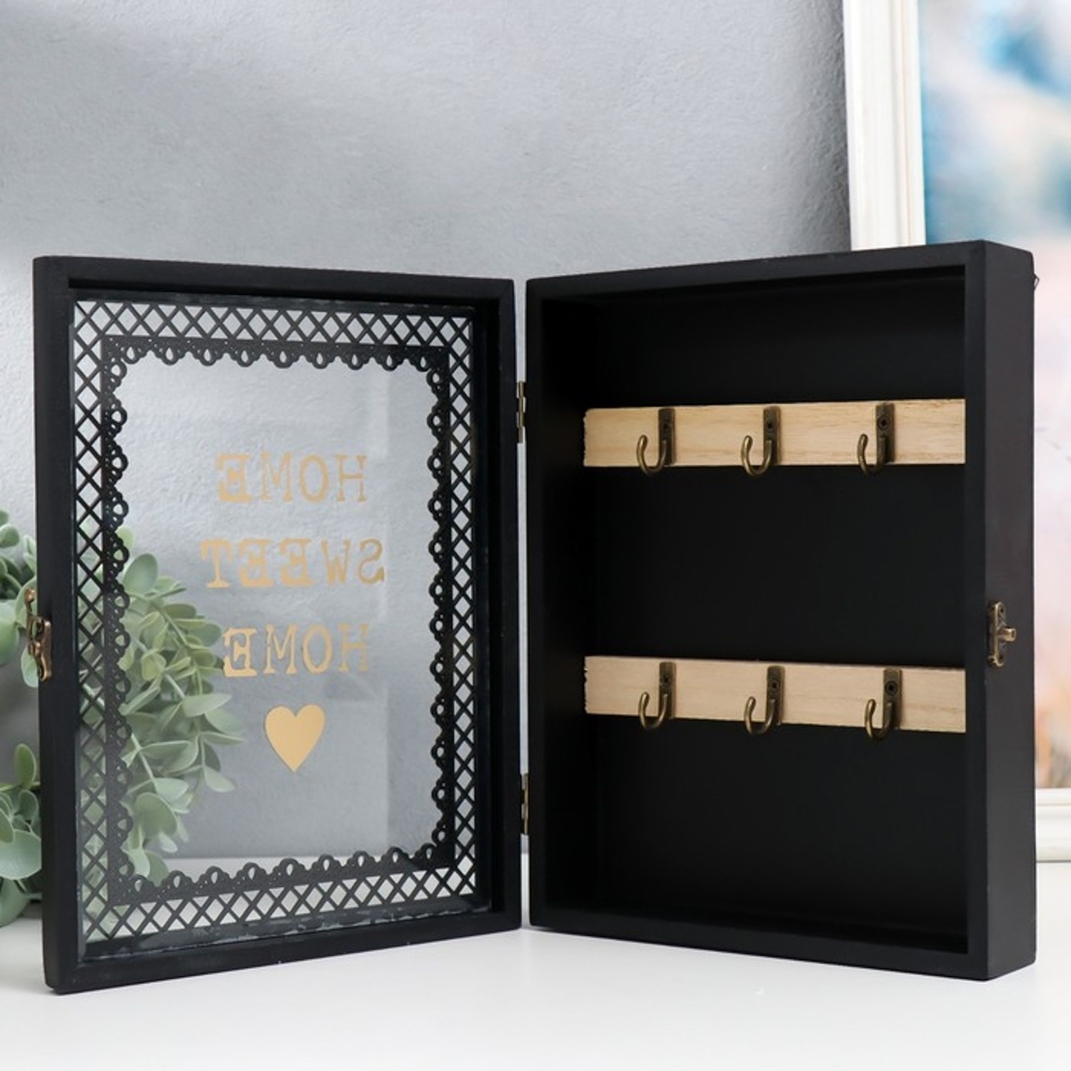 Ключница дерево 6 крючков "Дом, милый дом" чёрная 20х5,5х26 см   9330041