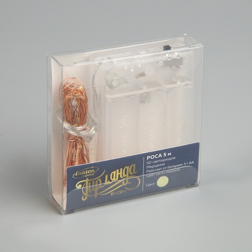 Гирлянда «Нить роса» Luazon Lighting, 5 м, мерцание, теплый белый, 50 LED, IP20, на батарейках