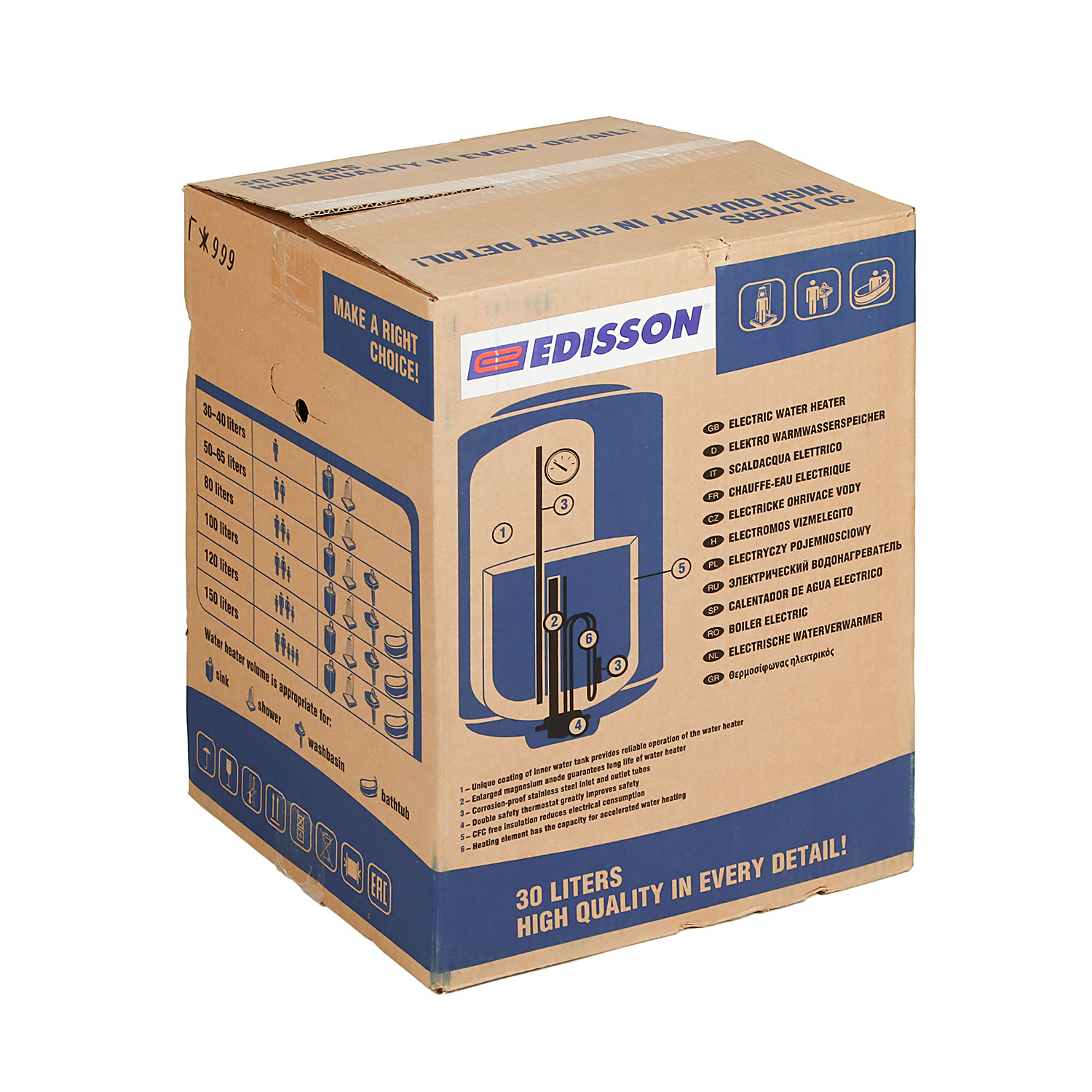 Водонагреватель накопительный 30 л Edisson Glasslined, 1.5 кВт, вертикальный