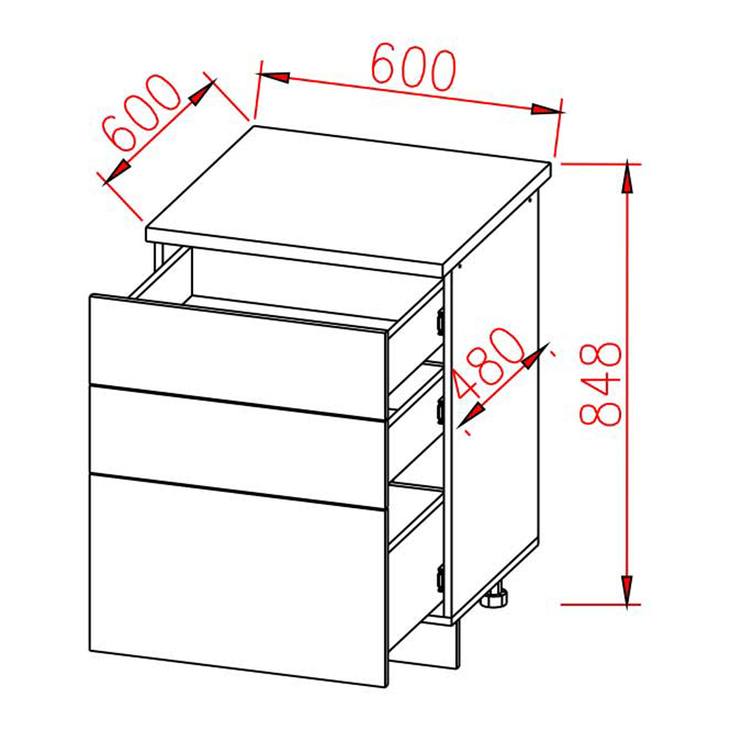 Шкаф напольный 600х850х600 мм BROZEX-WOOD Серый лед, с тремя ящиками, серый / графит