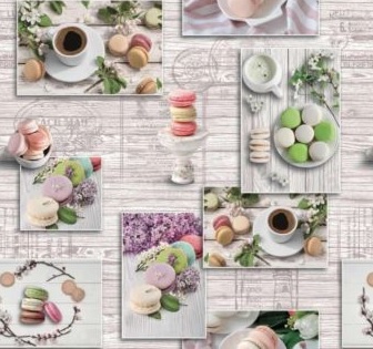 Клеёнка на нетканой основе "Paloma-8" "Кофе и макаруны" на сером фоне шир.1,37м PL-321 *20