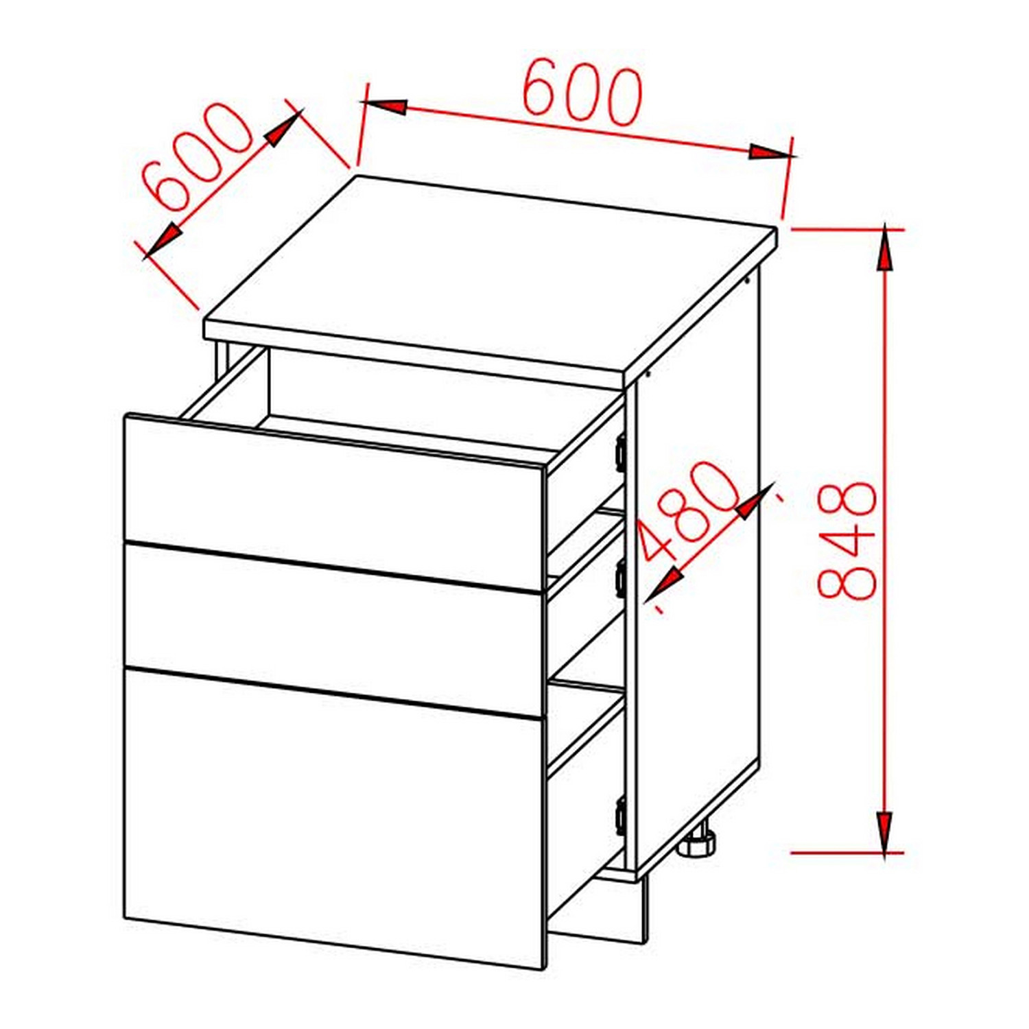 Шкаф напольный 600х850х600 мм BROZEX-WOOD GreyWind, с тремя ящиками