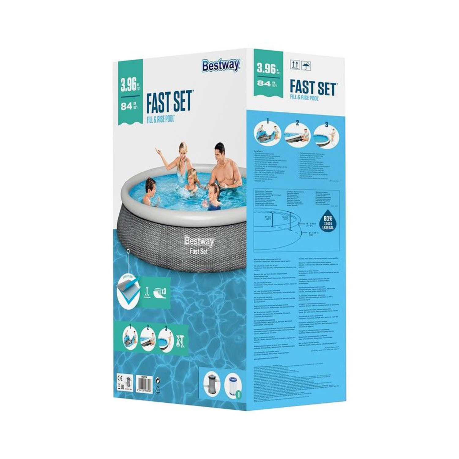 Бассейн надувной BESTWAY Fast Set, 396x396x84 см, 7340 л, фильтр-насос, картридж