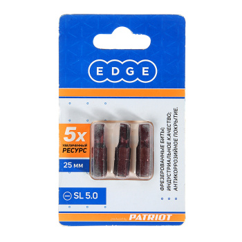 Бита шлицевая SL5,0х25мм (3шт) фрезерованная S2 хвостовик1/4"С EDGE PATRIOT *1/20