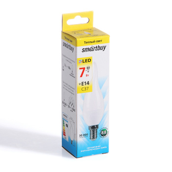 Лампа светодиодная Smartbuy, Е14, свеча на ветру С37, 7 Вт, 500 Лм, 3000 К, теплый белый